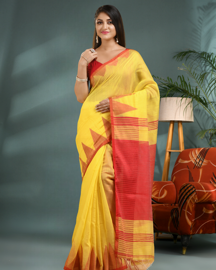 Women's Traditional Bengali Handloom Tant Pure Cotton Saree with Blouse Piece Temple Par Design