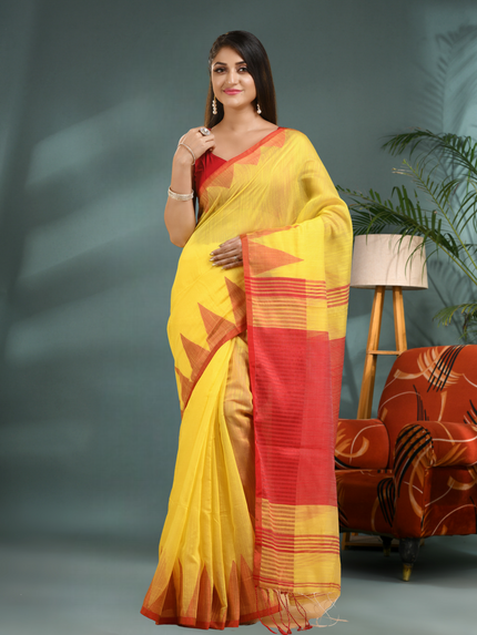 Women's Traditional Bengali Handloom Tant Pure Cotton Saree with Blouse Piece Temple Par Design