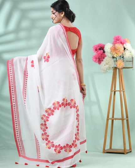 Exquisite Floral Printed Handloom Saree: Red & White, Cotton Blend, Traditional Indian Wear