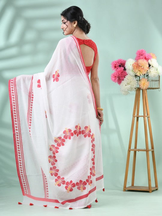 Exquisite Floral Printed Handloom Saree: Red & White, Cotton Blend, Traditional Indian Wear