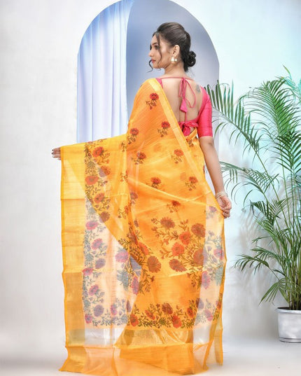 DESH BIDESH Women's Floral Printed Zari Handloom Taant Saree with Zari Border
