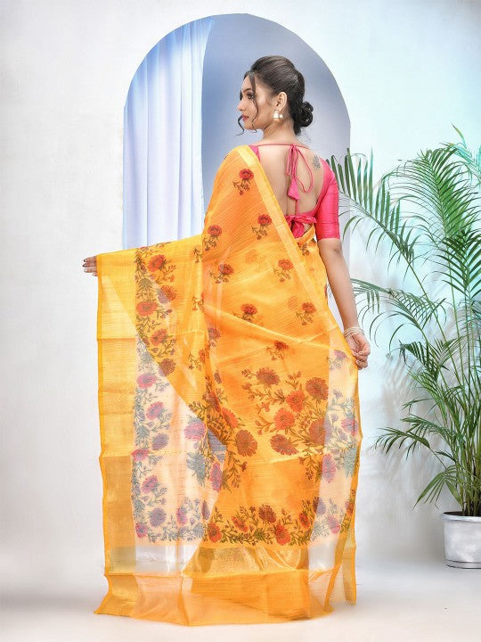 DESH BIDESH Women's Floral Printed Zari Handloom Taant Saree with Zari Border