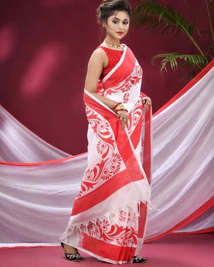 Exquisite Red & White Pure Cotton Saree with Woven Zari Design & Solid Border