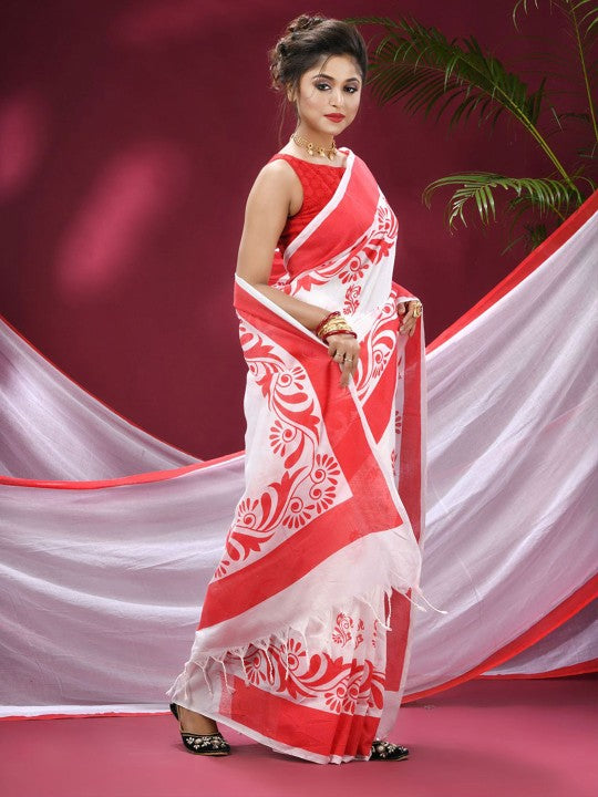 Exquisite Red & White Pure Cotton Saree with Woven Zari Design & Solid Border