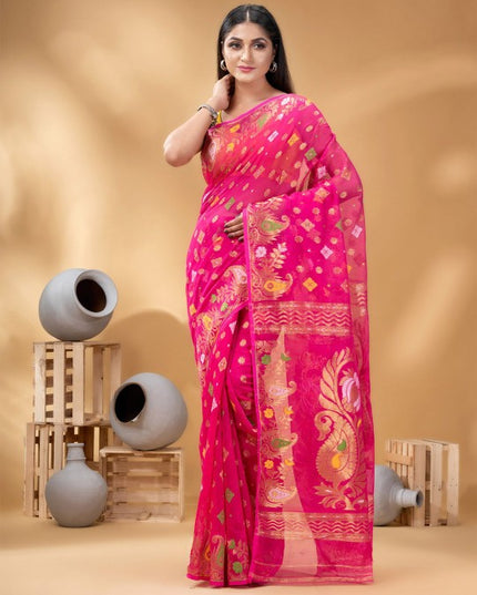 Exquisite Pink Gold-Toned Jamdani Saree with Woven Zari Design Border