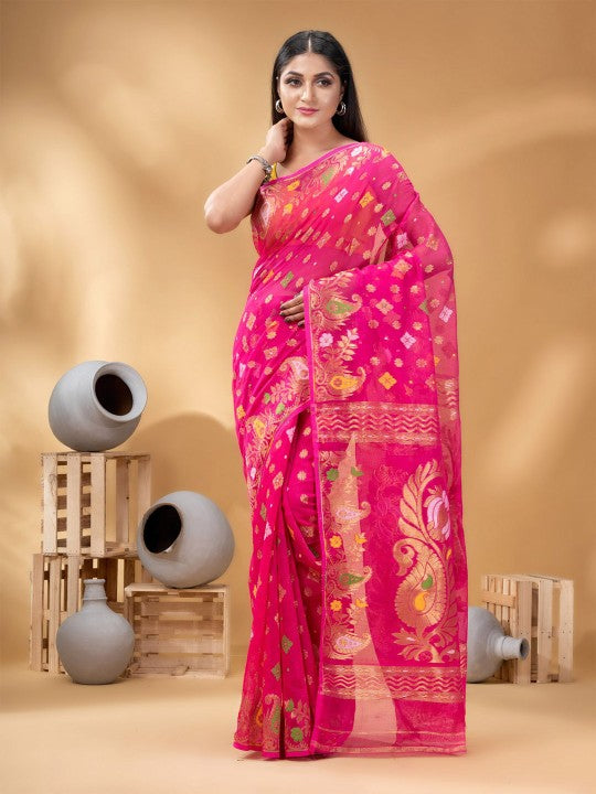Exquisite Pink Gold-Toned Jamdani Saree with Woven Zari Design Border