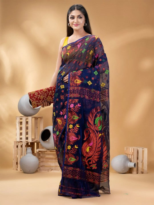 Exquisite Navy Blue Pure Cotton Jamdani Saree with Ethnic Motifs