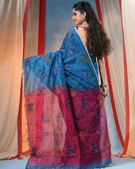 DESH BIDESH Elegant Blue & Purple Abstract Printed Festive Saree with Unstitched Blouse