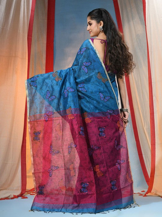DESH BIDESH Elegant Blue & Purple Abstract Printed Festive Saree with Unstitched Blouse