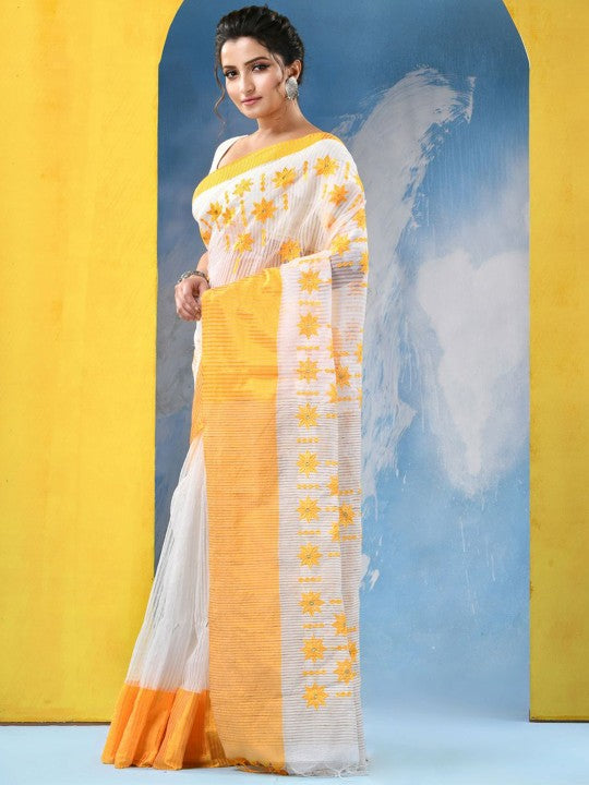 DESH BIDESH Floral Embroidered Pure Cotton Khadi Saree