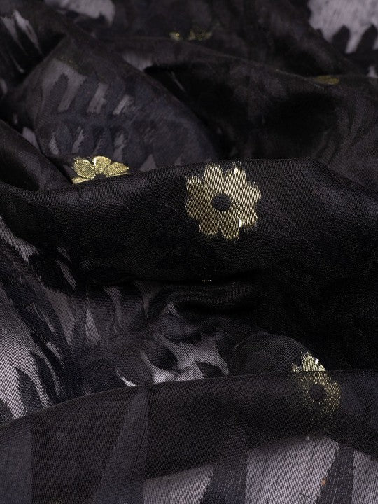 DESH BIDESH Black Gold Woven Pure Cotton Jamdani Saree Ethnic Motifs Women's