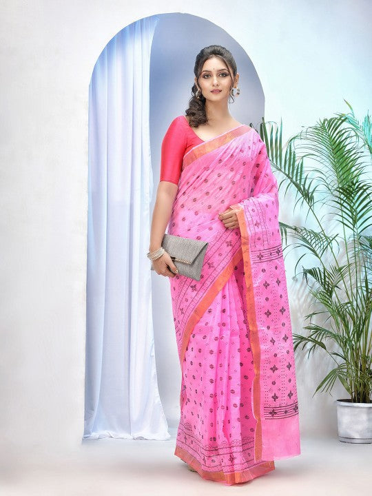 DESH BIDESH Ethnic Motifs Pure Cotton Taant Pink Saree