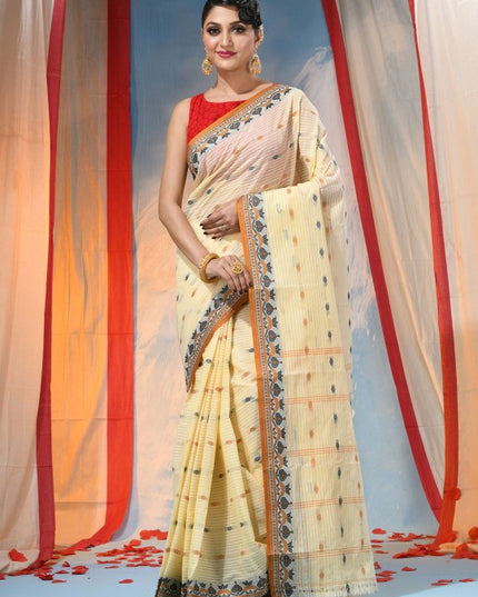 DESH BIDESH Beige Ethnic Motifs Pure Cotton Saree for Women with Woven Design