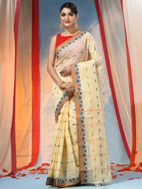 DESH BIDESH Beige Ethnic Motifs Pure Cotton Saree for Women with Woven Design