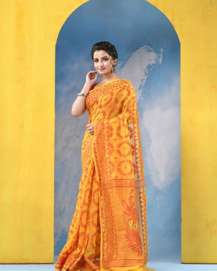 DESH BIDESH Yellow & Orange Ethnic Motifs Jamdani Cotton Blend Saree with Blouse Piece