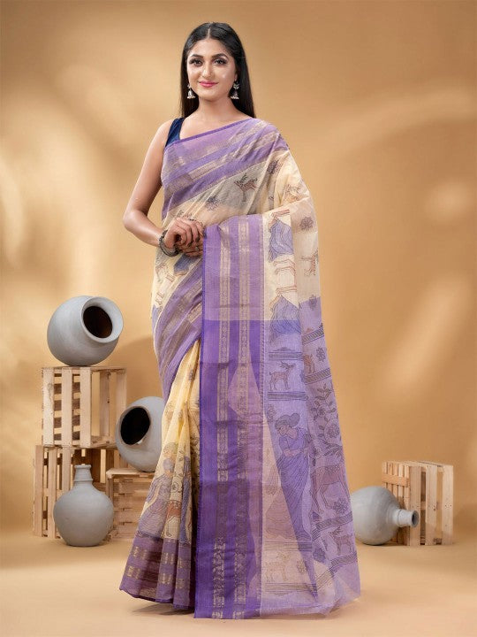 DESH BIDESH Ethnic Motifs Printed Pure Cotton Taant Saree