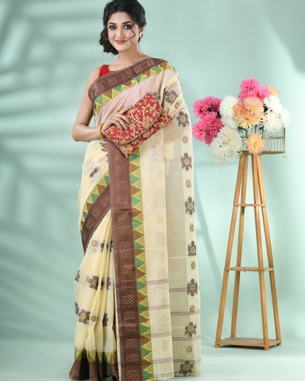 DESH BIDESH Beige & Brown Floral Zari Pure Cotton Handloom Saree with Blouse Piece