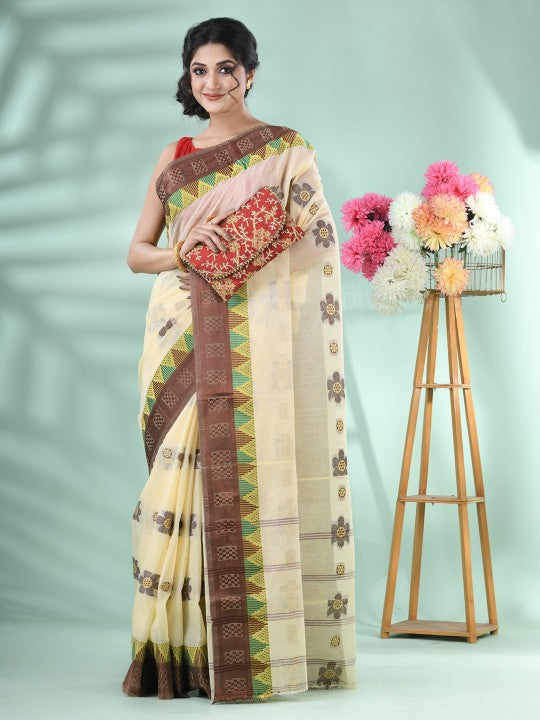 DESH BIDESH Beige & Brown Floral Zari Pure Cotton Handloom Saree with Blouse Piece
