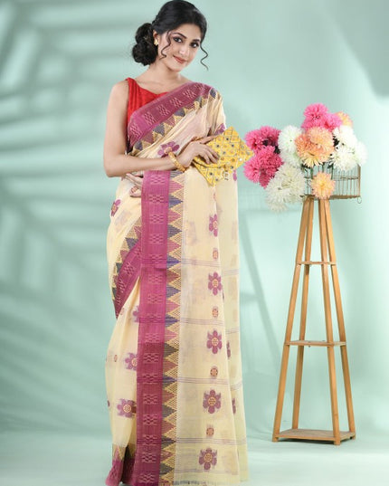 DESH BIDESH Magenta and Cream Woven Design Pure Cotton Saree for Women