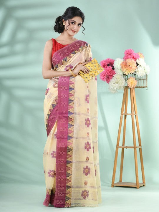 DESH BIDESH Magenta and Cream Woven Design Pure Cotton Saree for Women