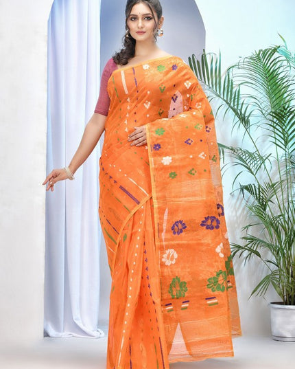 DESH BIDESH Orange Green Woven Zari Pure Cotton Jamdani Saree