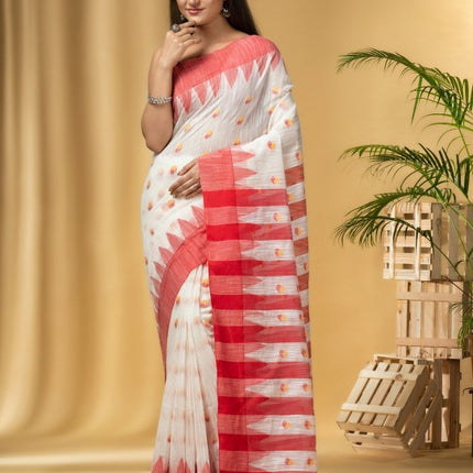 Exquisite Red & White Handloom Khadi Saree with Geometric Woven Design Border