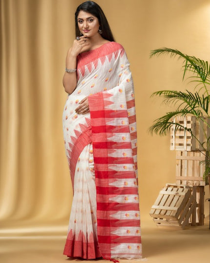 Exquisite Red & White Handloom Khadi Saree with Geometric Woven Design Border