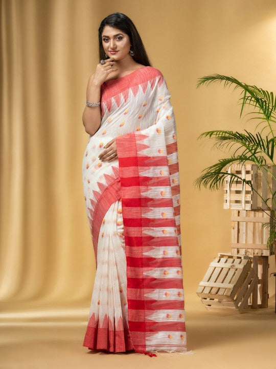 Exquisite Red & White Handloom Khadi Saree with Geometric Woven Design Border