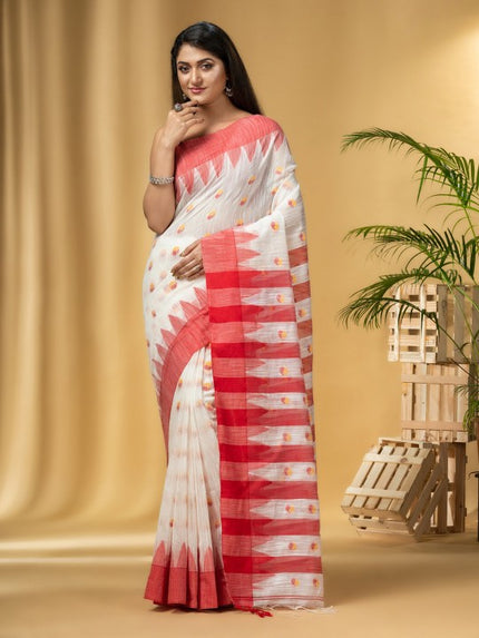 Exquisite Red & White Handloom Khadi Saree with Geometric Woven Design Border