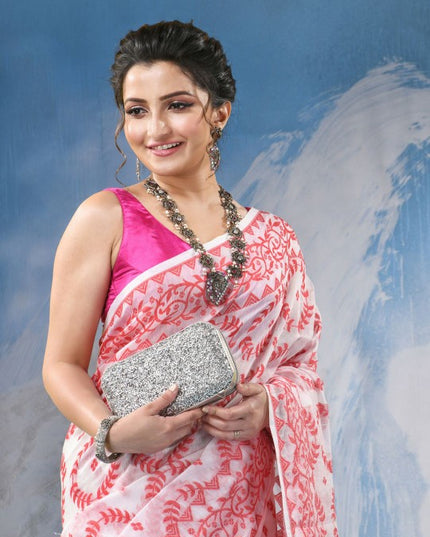 Exquisite Red & White Woven Design Jamdani Saree with Elegant Floral Patterns