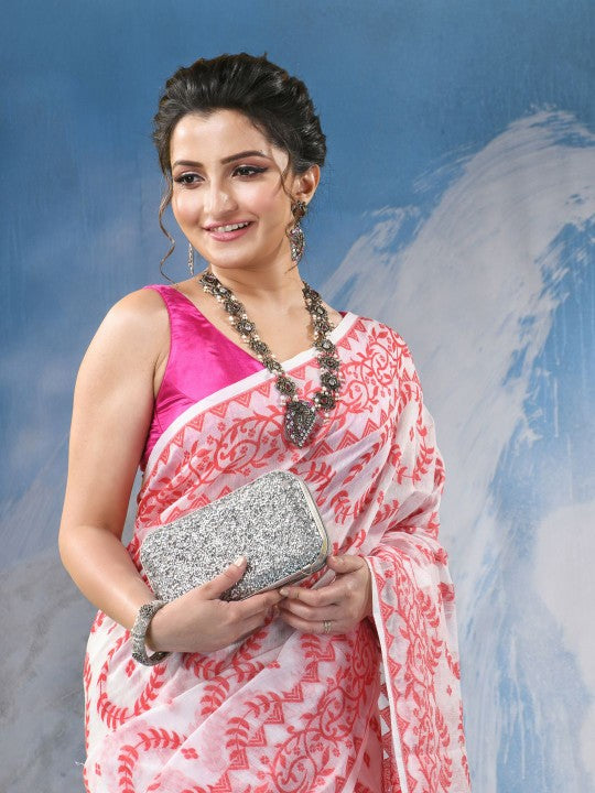 Exquisite Red & White Woven Design Jamdani Saree with Elegant Floral Patterns