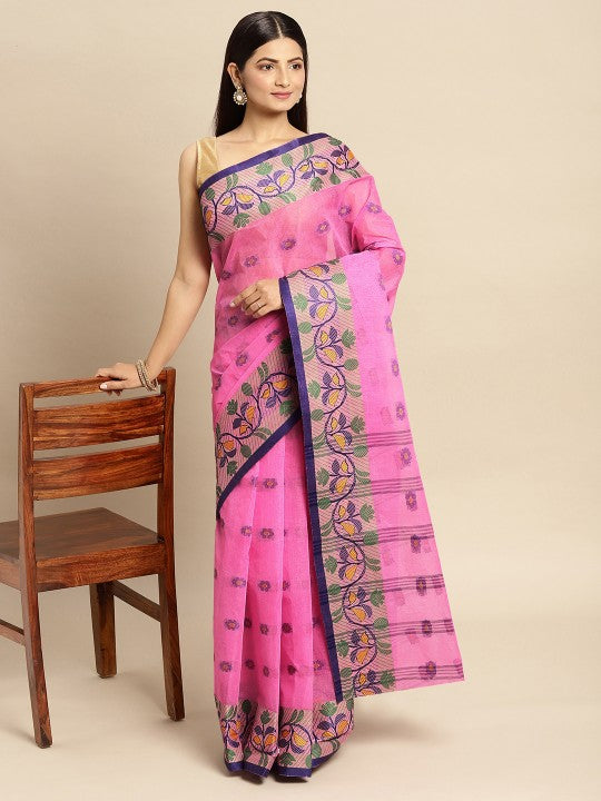 DESH BIDESH Pink & Blue Ethnic Motifs Pure Cotton Taant Saree