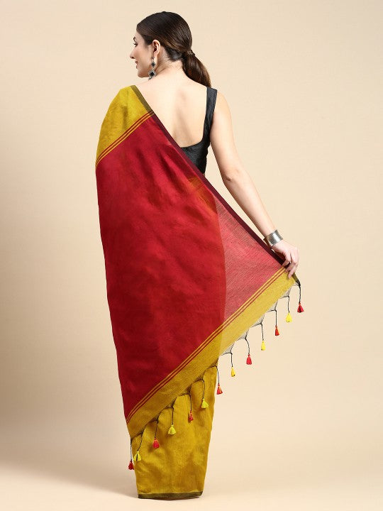 DESH BIDESH Women's Ghicha Cotton Colourblocked Saree with Tassels