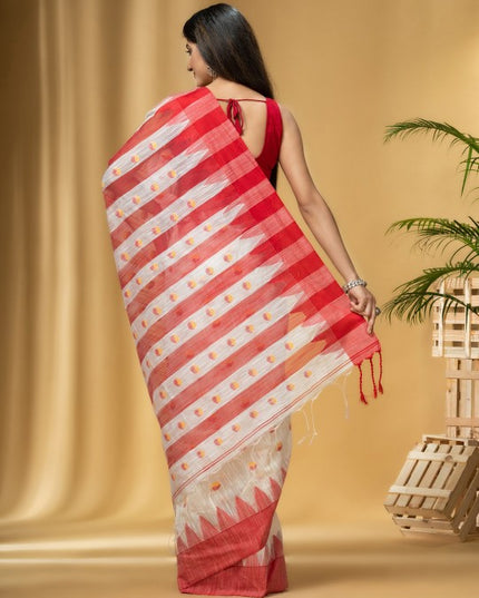 Exquisite Red & White Handloom Khadi Saree with Geometric Woven Design Border