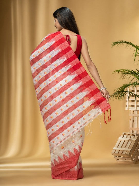 Exquisite Red & White Handloom Khadi Saree with Geometric Woven Design Border