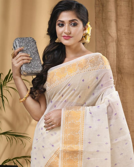 DESH BIDESH White Purple Woven Design Zari Pure Cotton Block Print Saree