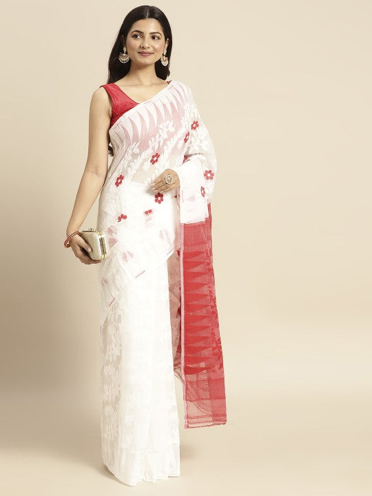 DESH BIDESH White & Red Floral Pure Cotton Jamdani Saree