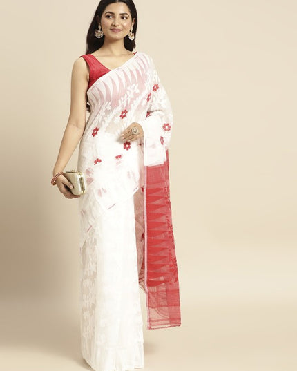 DESH BIDESH White & Red Floral Pure Cotton Jamdani Saree