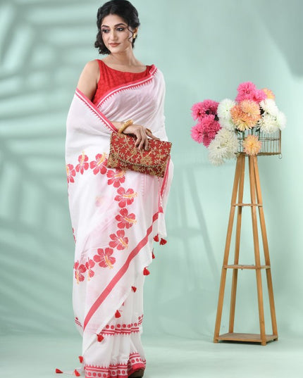 Exquisite Floral Printed Handloom Saree: Red & White, Cotton Blend, Traditional Indian Wear
