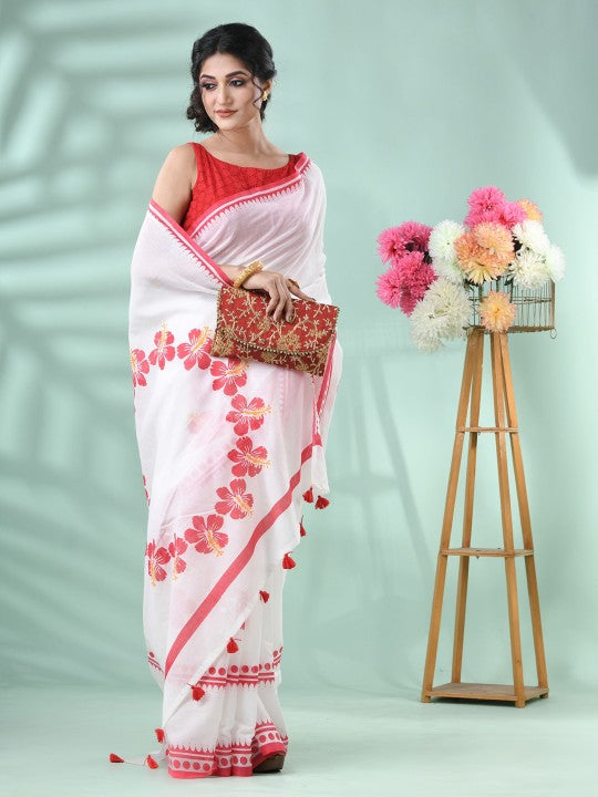 Exquisite Floral Printed Handloom Saree: Red & White, Cotton Blend, Traditional Indian Wear