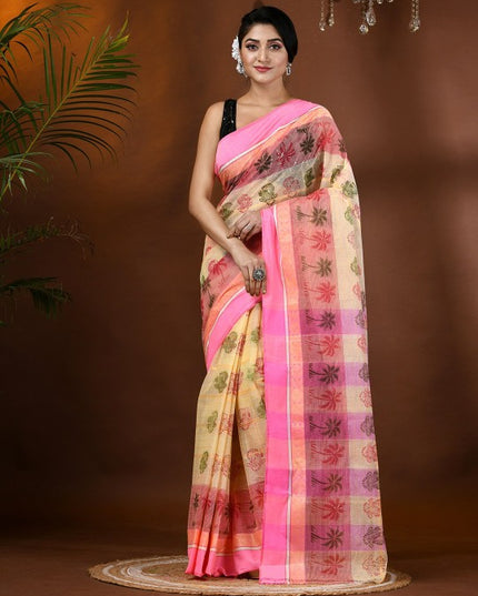 DESH BIDESH Ethnic Motifs Printed Pure Handloom Cotton Saree with Block Print