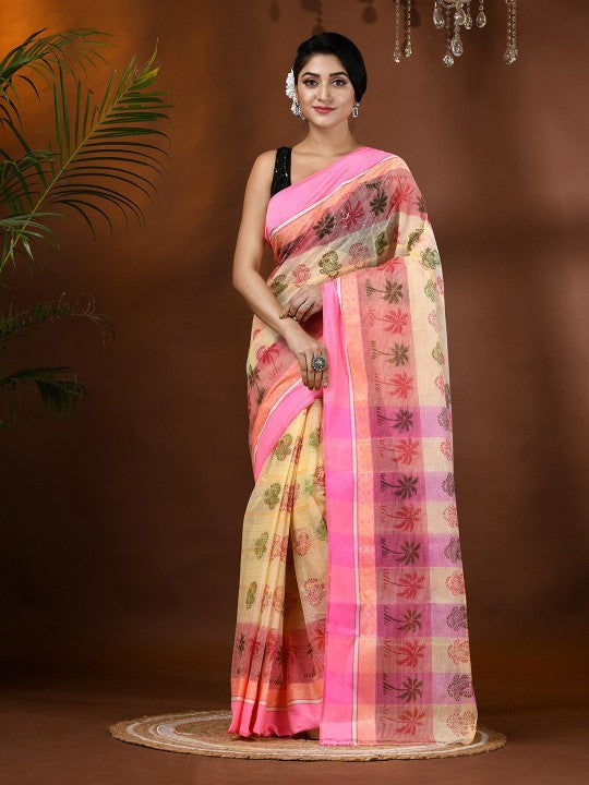 DESH BIDESH Ethnic Motifs Printed Pure Handloom Cotton Saree with Block Print