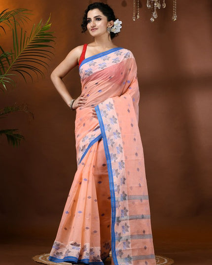 Exquisite Peach & Blue Pure Handloom Cotton Tant Saree with Woven Leaf Design