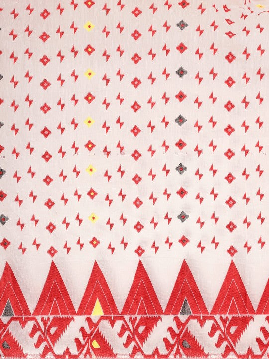 White & Red Pure Cotton Jamdani Saree