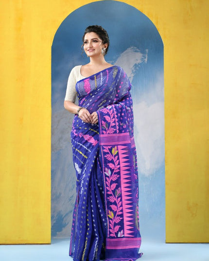 Exquisite Jamdani Cotton Blend Saree: Blue & Pink Woven Design with Solid Border