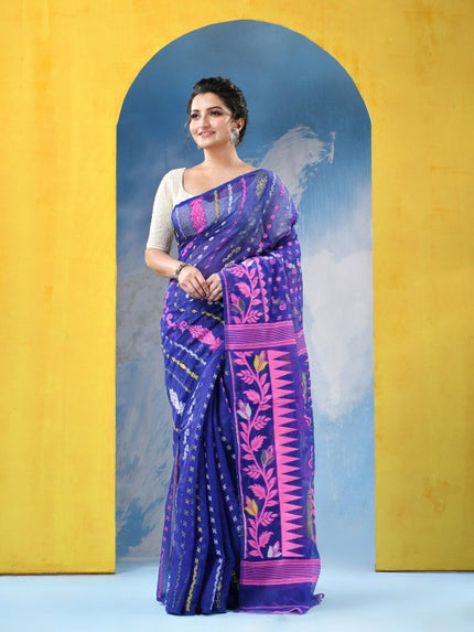 Exquisite Jamdani Cotton Blend Saree: Blue & Pink Woven Design with Solid Border