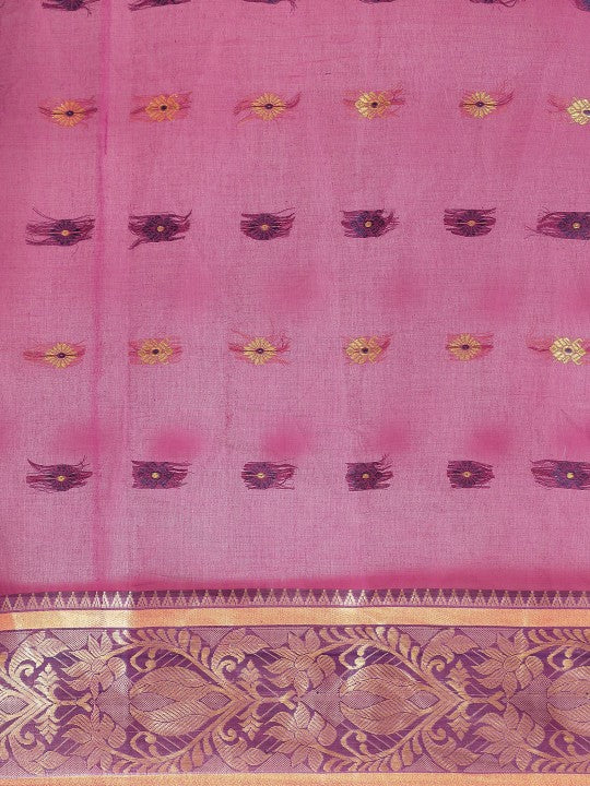 DESH BIDESH Pink & Purple Ethnic Motifs Pure Cotton Taant Saree