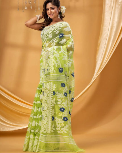 DESH BIDESH Floral Woven Pure Cotton Jamdani Saree - Elegant Indian Attire