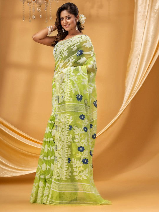 DESH BIDESH Floral Woven Pure Cotton Jamdani Saree - Elegant Indian Attire