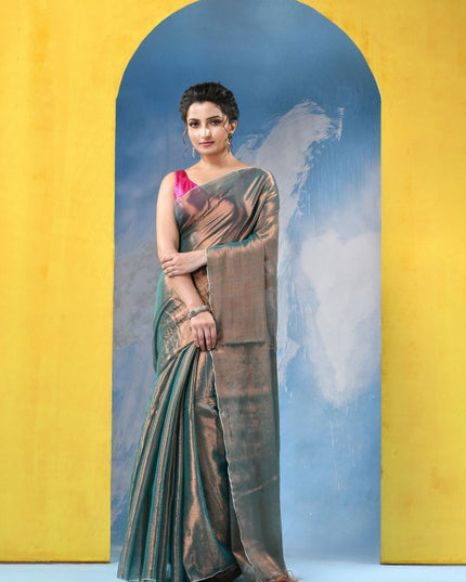 Exquisite Green and Gold Embellished Tissue Taant Saree for Women